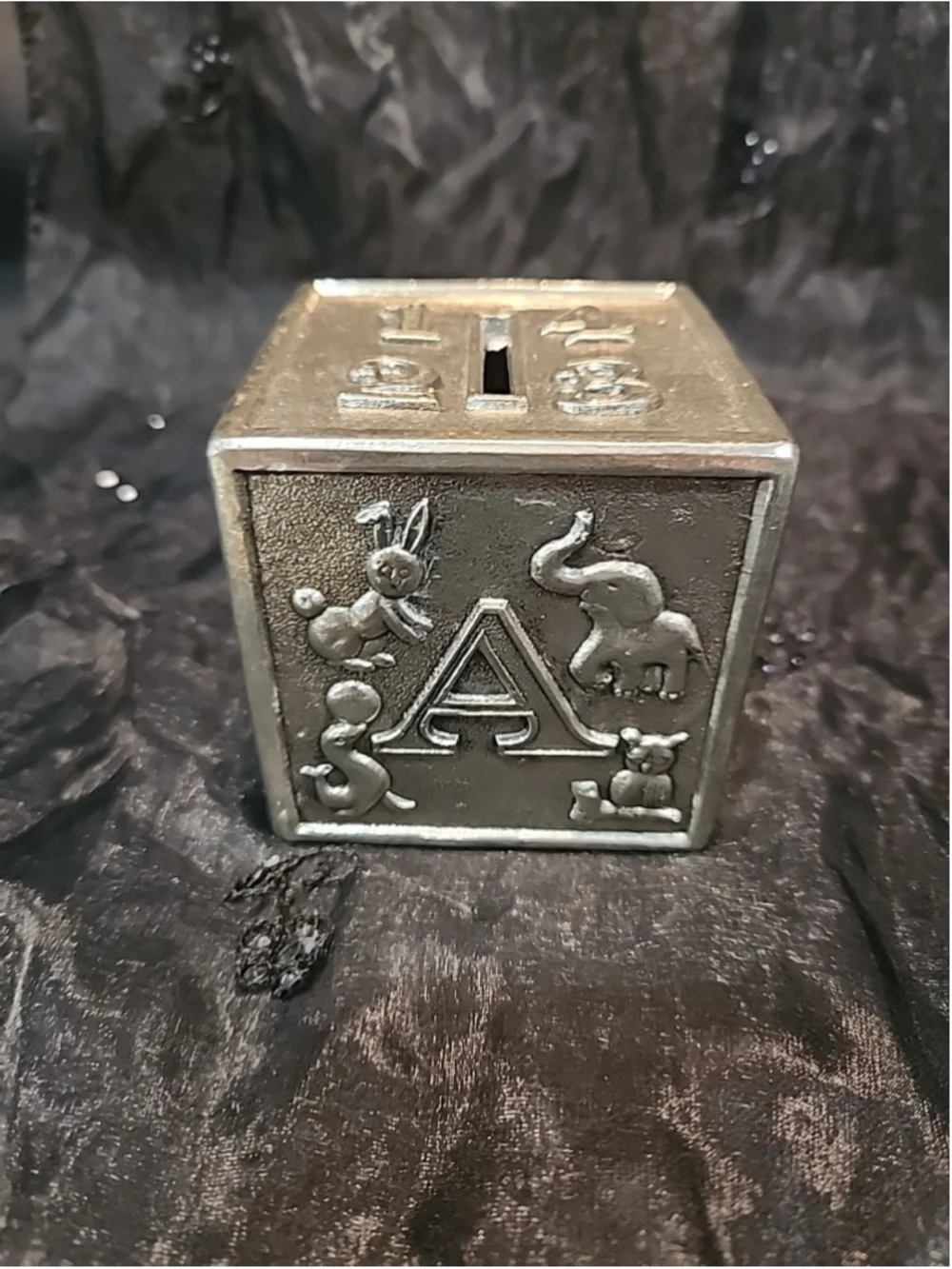 LEONARD'S ITALY SILVER PLATE BABY ABC LETTER BLOCK PIGGY COIN BANK Numbers, MCM